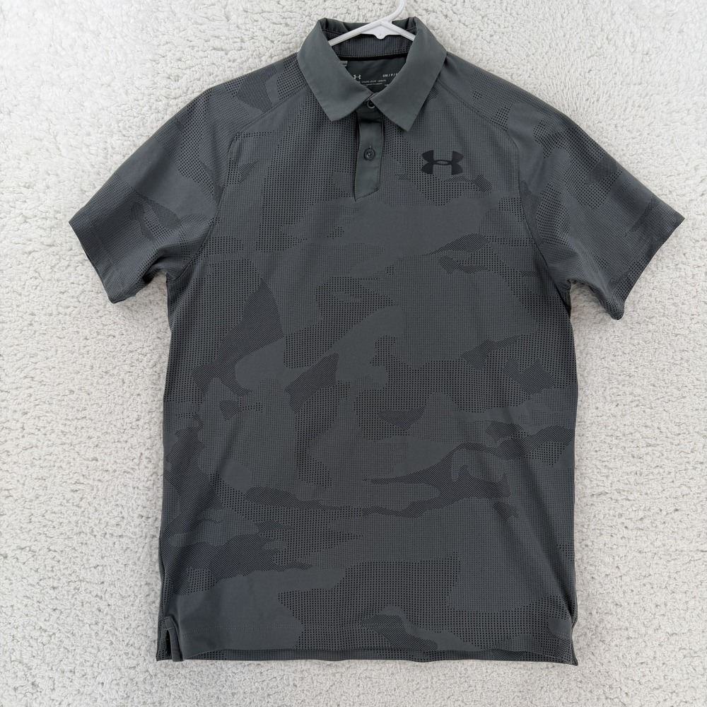 Under Armour Polo Shirt Mens Small Gray Camo HeatGear Golf Performance Top
